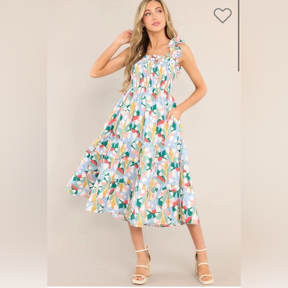 NEW Blue Multi Print Smocked Midi Dress - Picture 6 of 9